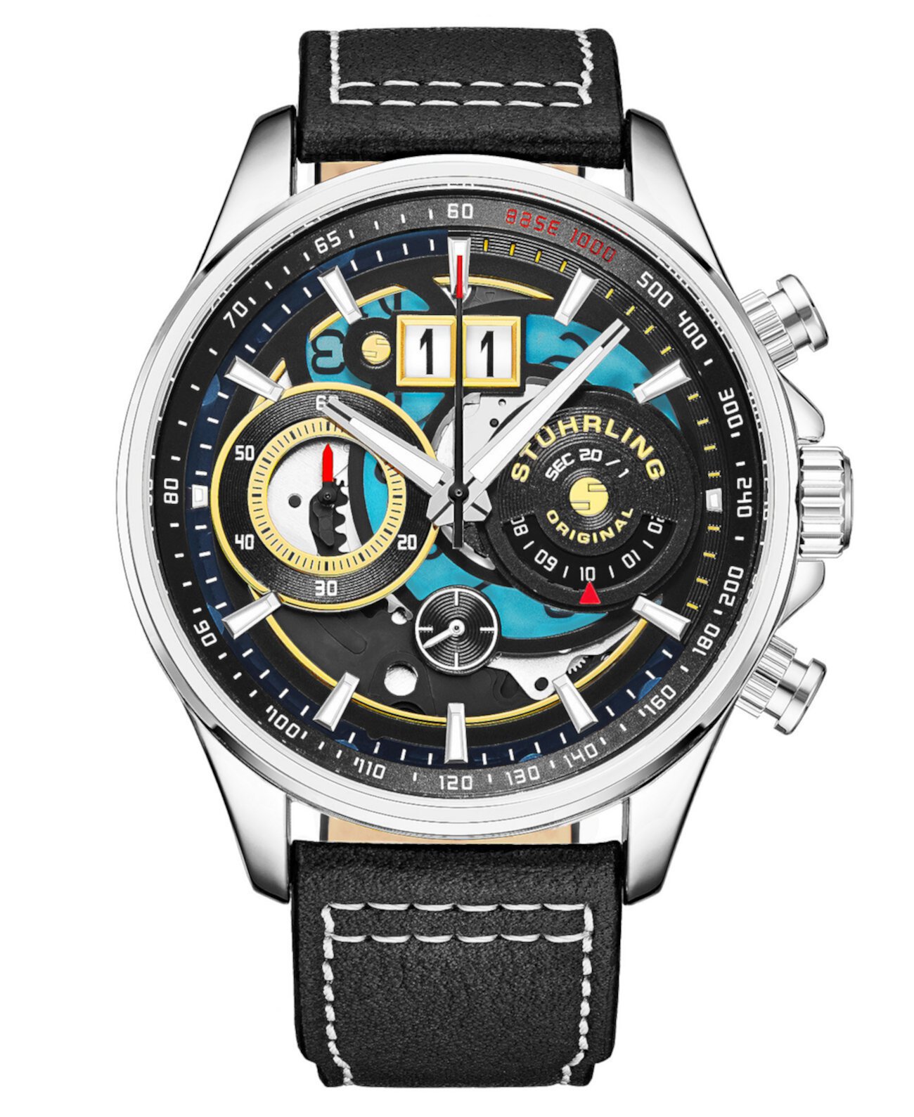 Мужские кварцевые часы с черным ремешком из натуральной кожи 45 мм Stuhrling