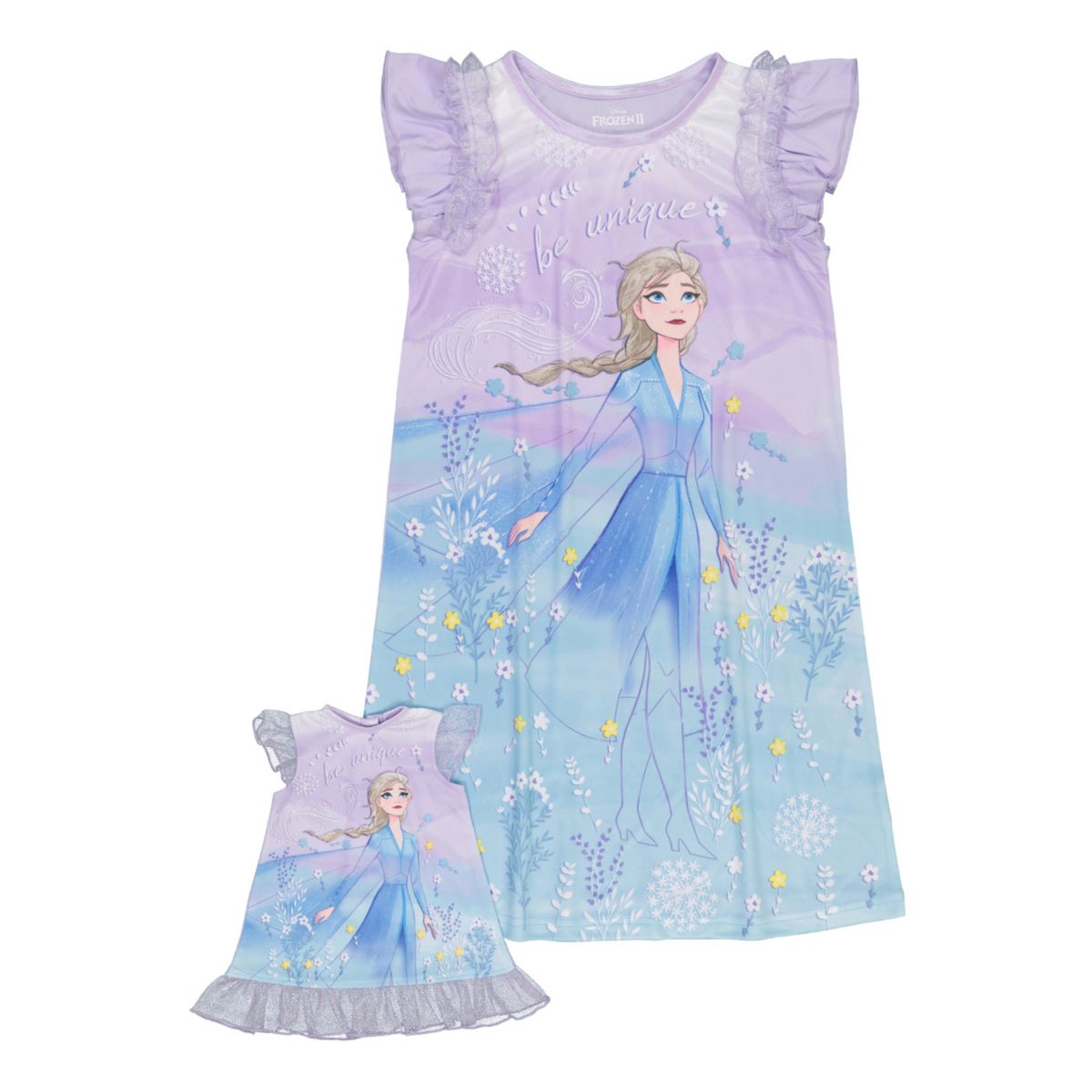 Disney's Frozen 2 Girls 4-8 Уникальная ночная рубашка Эльзы с подходящей ночной рубашкой для кукол Licensed Character