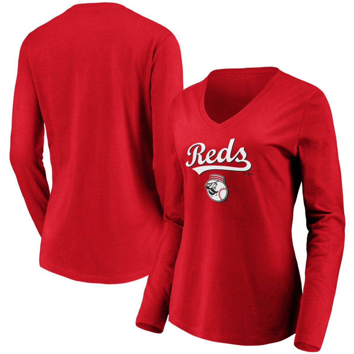 Женская красная футболка с логотипом фанатиков Cincinnati Reds Core Team Lockup с длинным рукавом и v-образным вырезом Fanatics