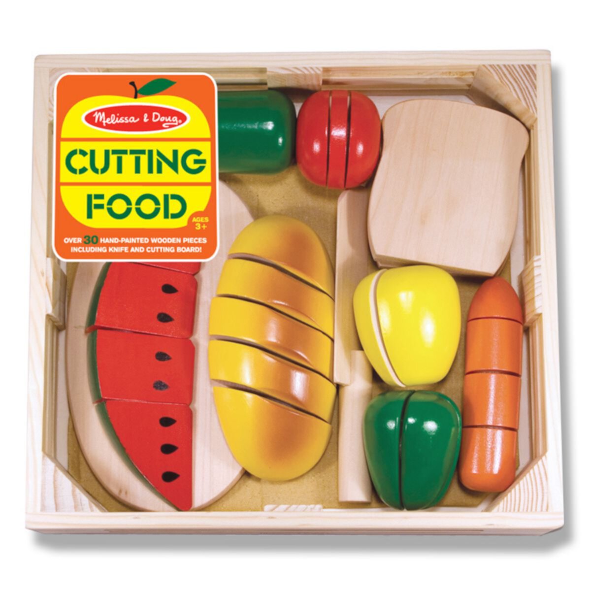 Melissa & Doug Cutting Food — игровой набор еды, состоящий из более чем 25 раскрашенных вручную деревянных деталей, ножа и разделочной доски Melissa & Doug