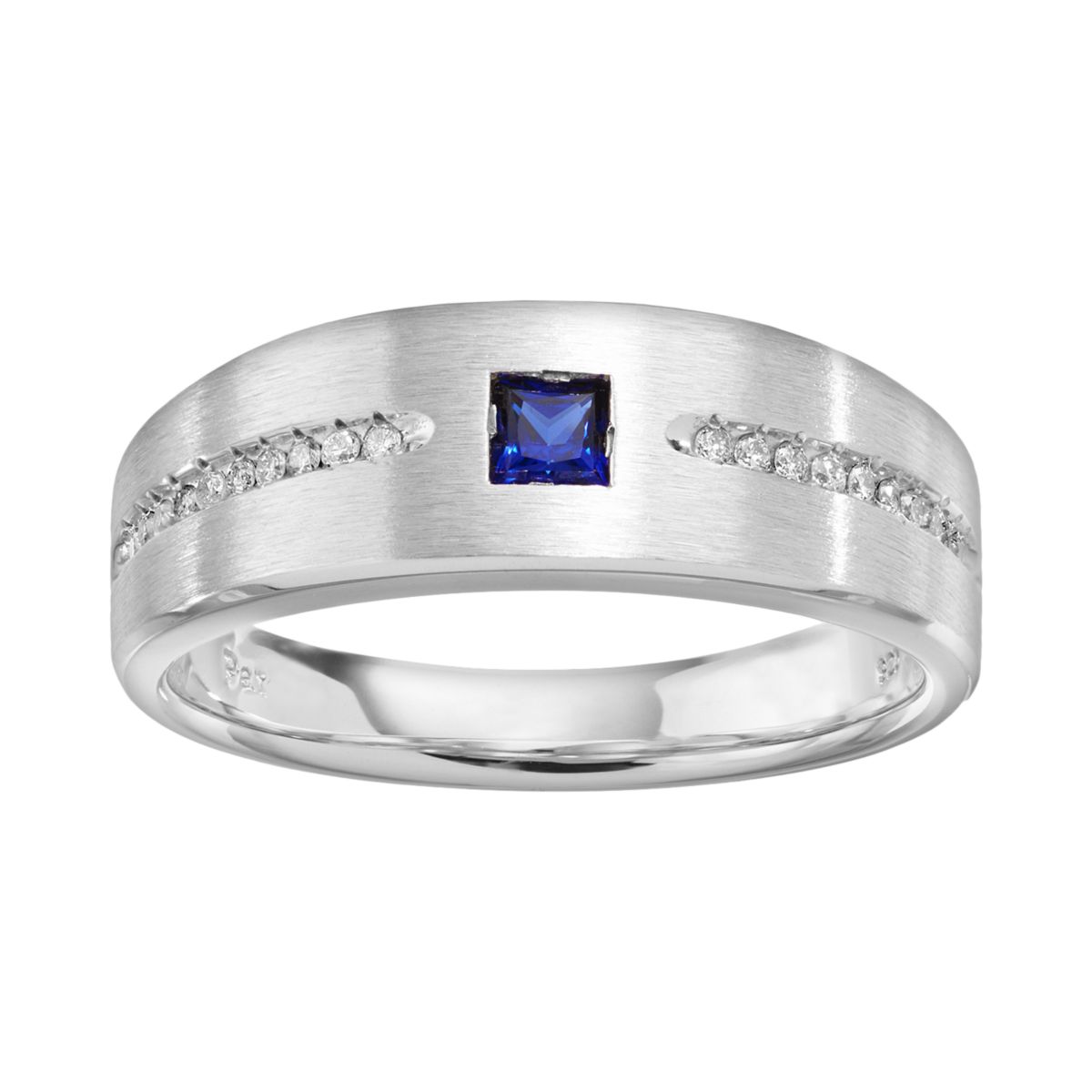 Сапфир, созданный в лаборатории, и T.W. 1/10 карата. Обручальное кольцо из стерлингового серебра с бриллиантами - Для мужчин Unbranded