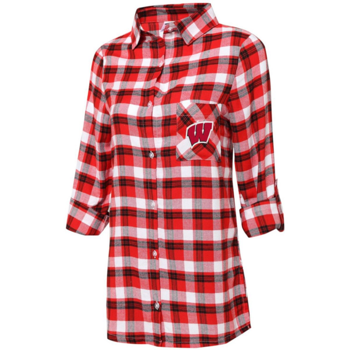 Women's Concepts Sport Red/Black Wisconsin Badgers Plus Size Piedmont Flannel Long Sleeve Button-Up Nightshirt Unbranded