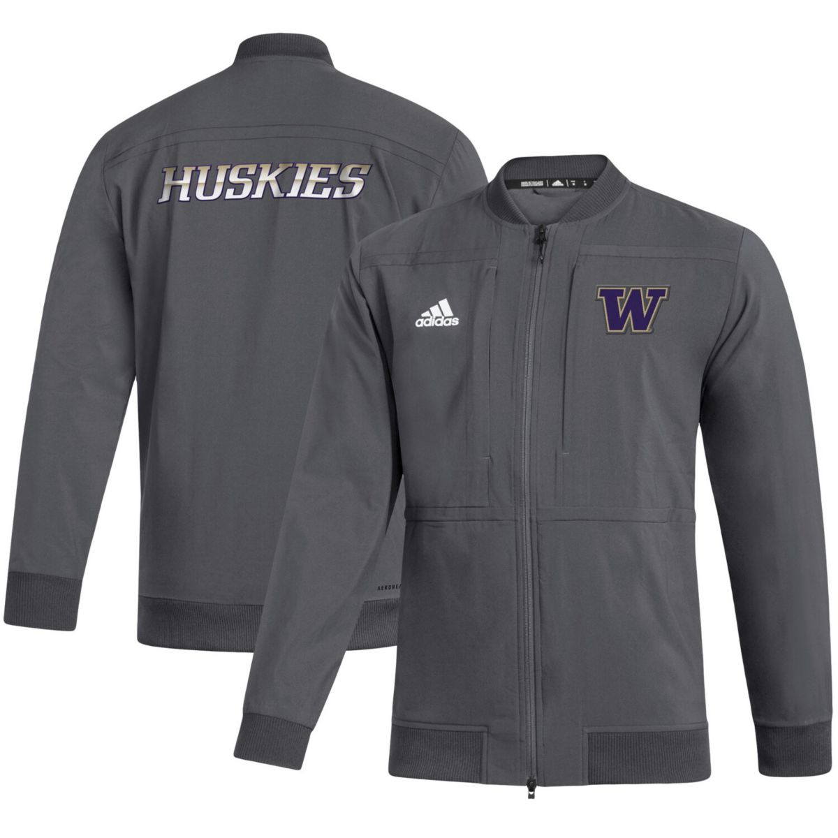 Мужской серый бомбер с молнией во всю длину по бокам adidas Washington Huskies Adidas