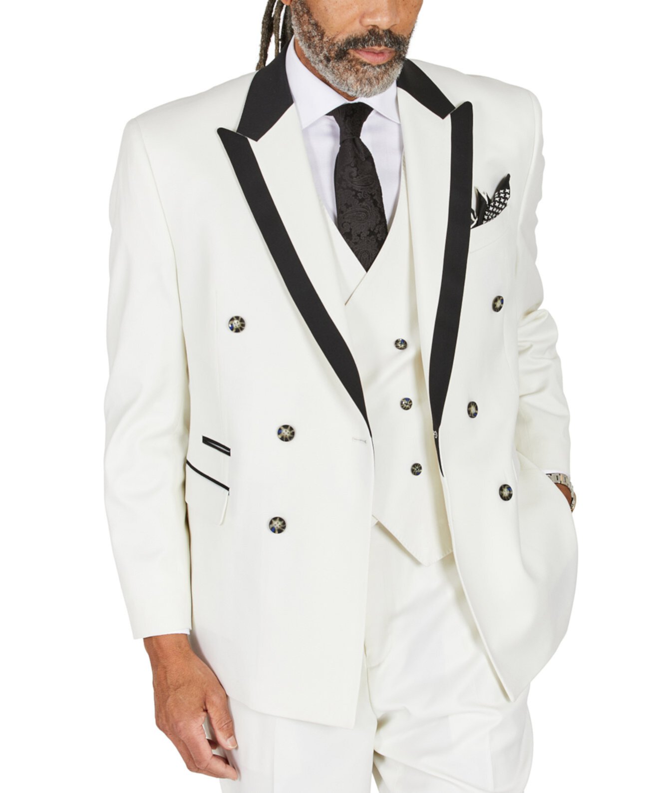 Мужской однотонный белый костюм классического кроя разделяет двубортный пиджак Tayion Collection