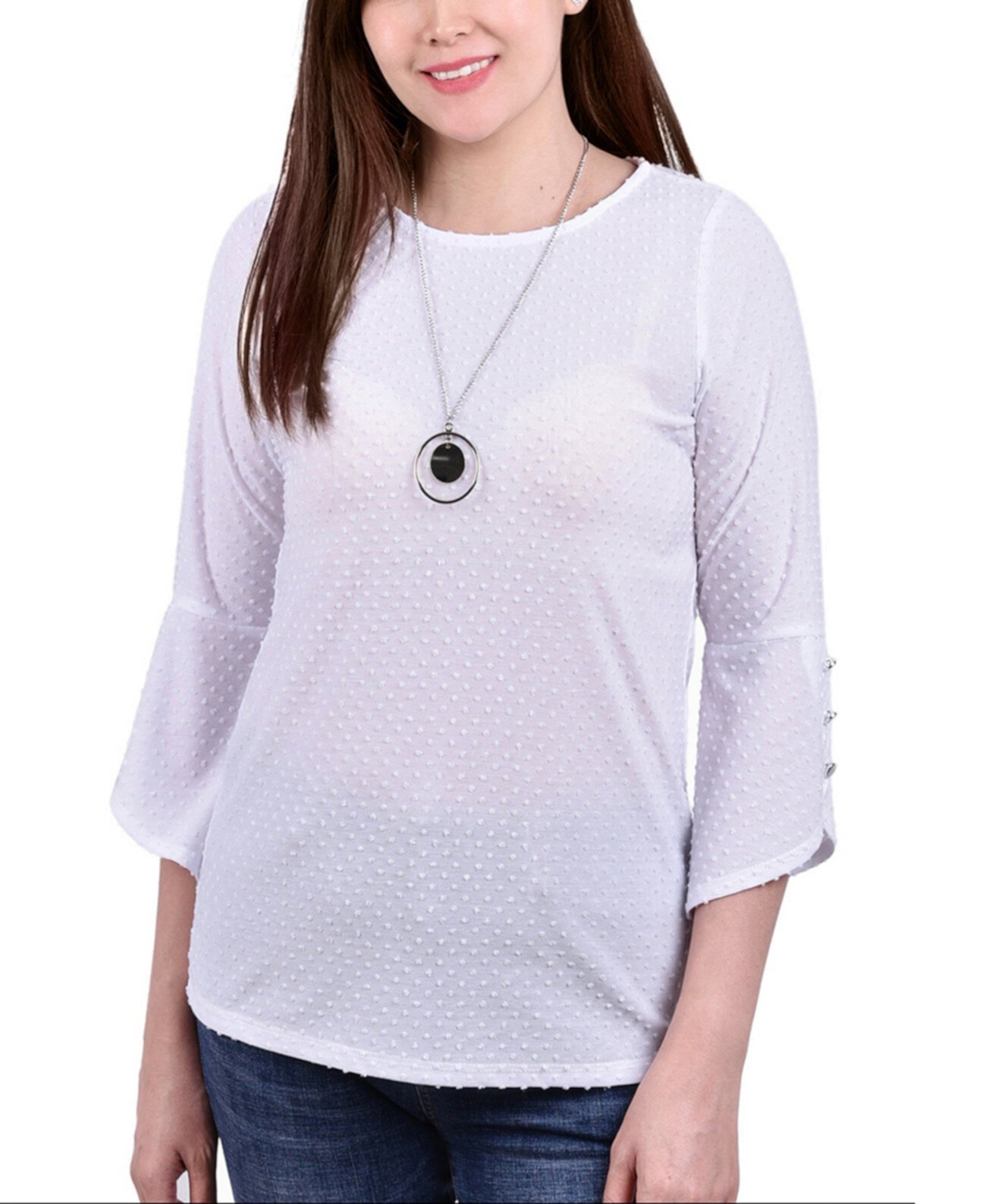 Женская Футболка NY Collection Petite 3/4 Tulip Sleeve Top with Necklace NY Collection