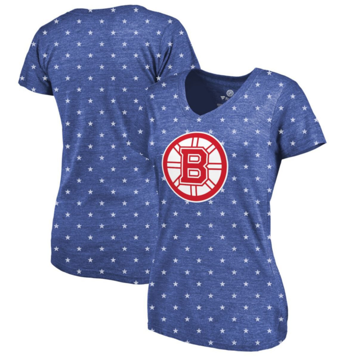Голубая футболка Boston Bruins с логотипом фанатиков из трех частей с V-образным вырезом и звездами Fanatics