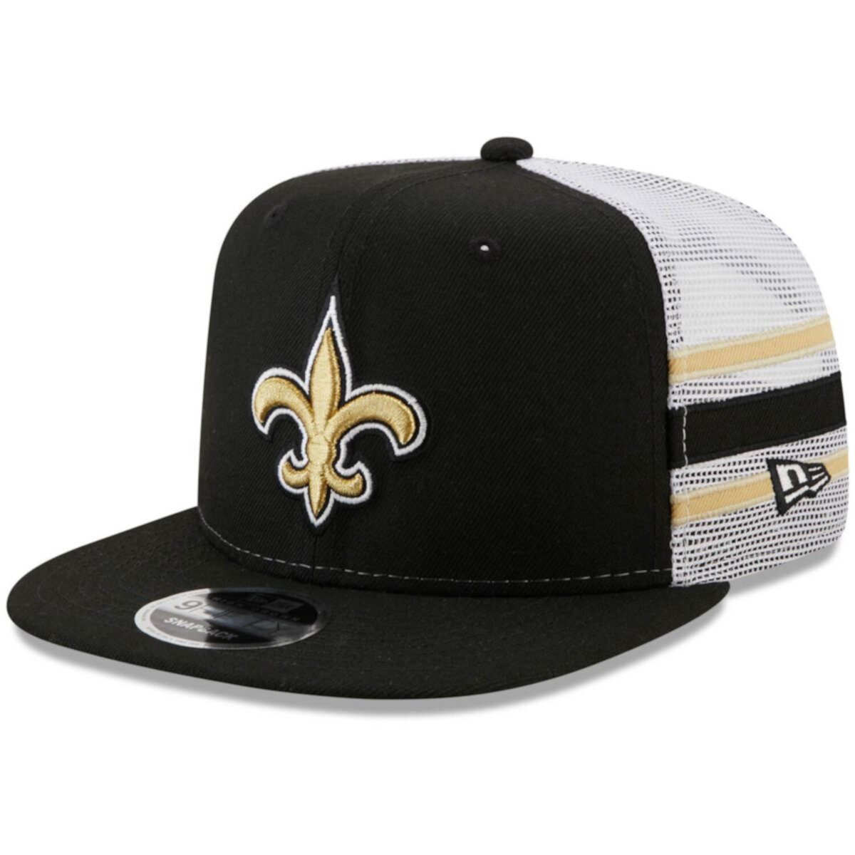 Men's New Era Black/White New Orleans Saints Stripe Trucker 9FIFTY Snapback Hat New Era