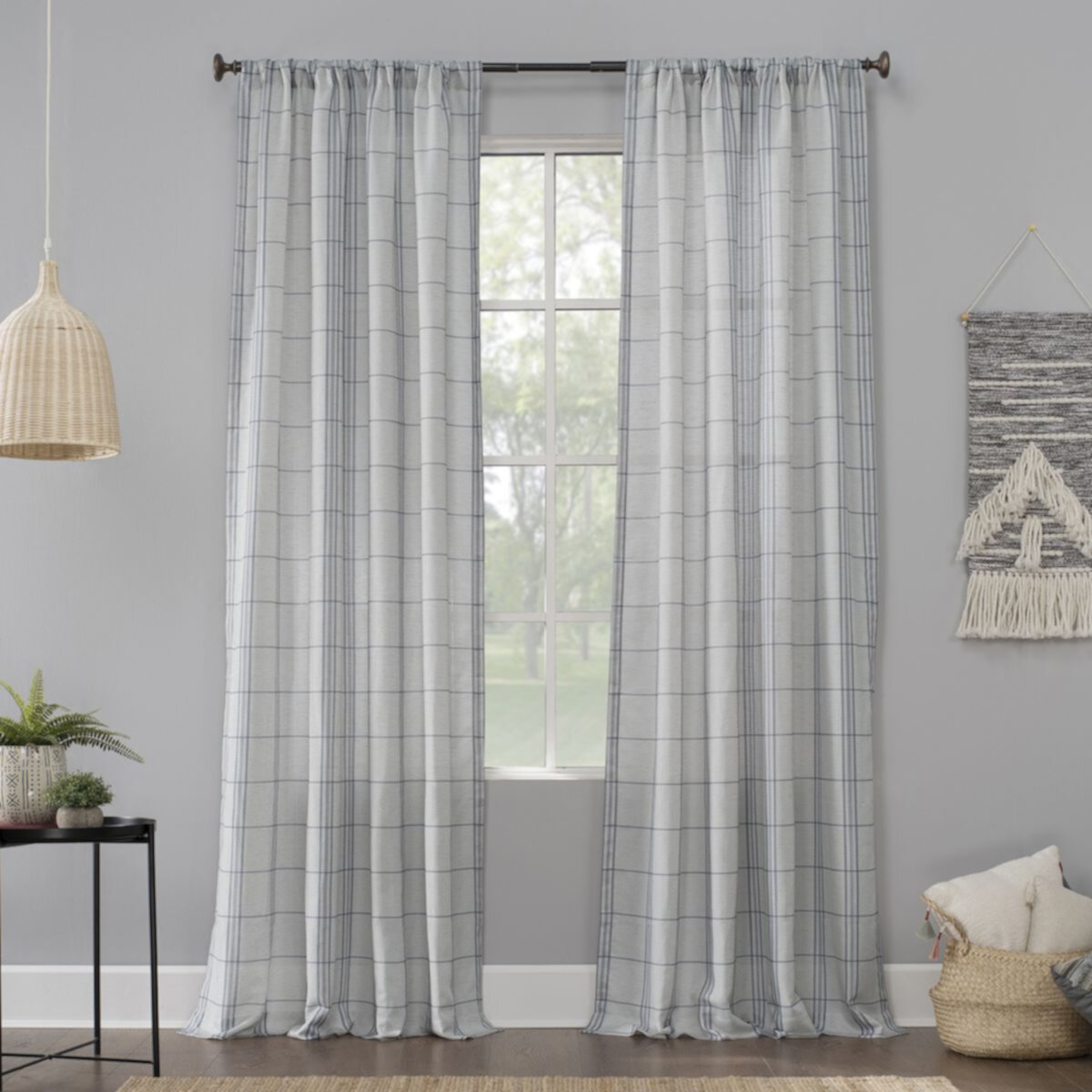 No. 918 Castille Farmhouse Plaid Linen Semi-Sheer Rod Pocket Curtain Panel No. 918