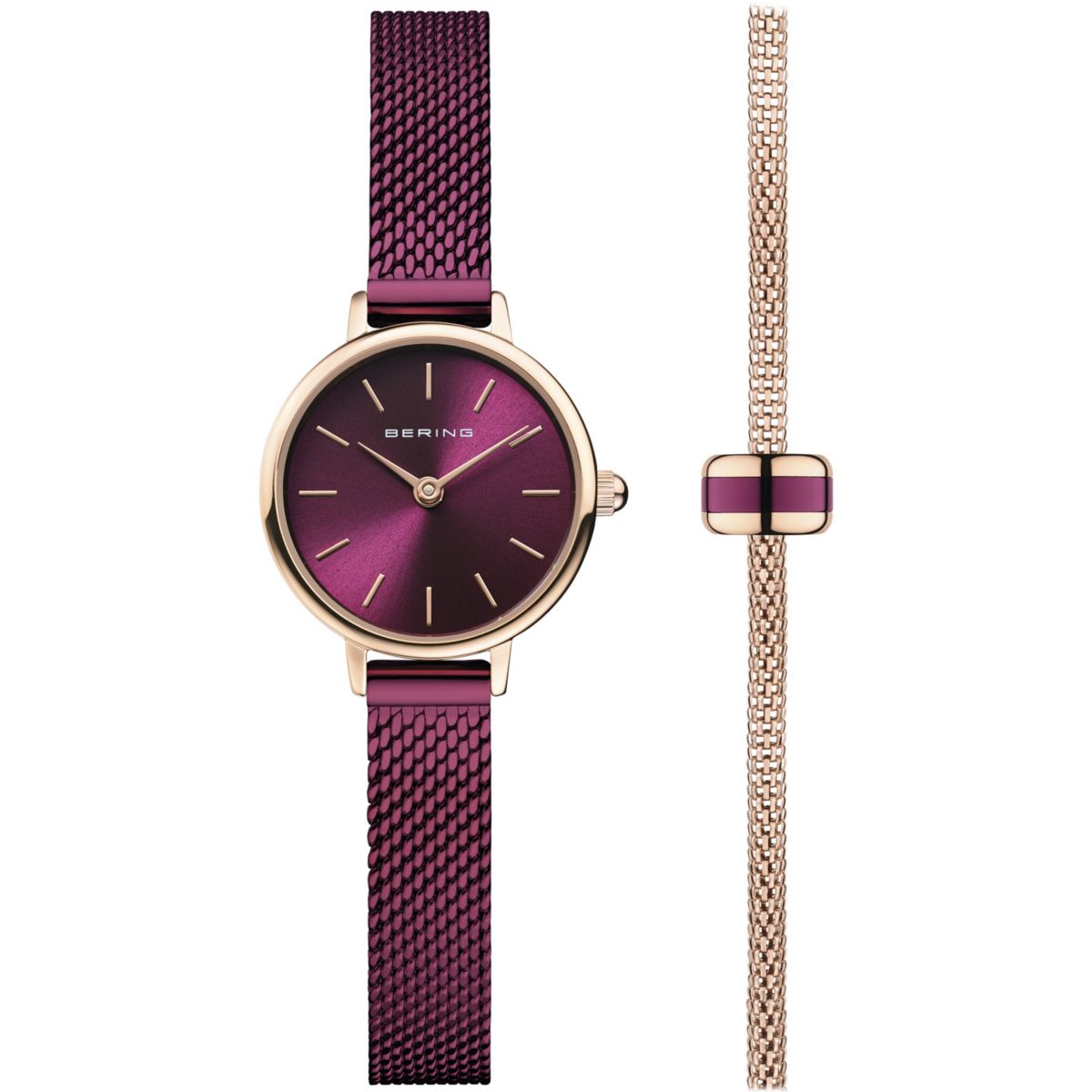 Женские часы BERING с фиолетовым сетчатым ремешком, сетчатым браслетом и подвеской - 11022-969GH1 Bering