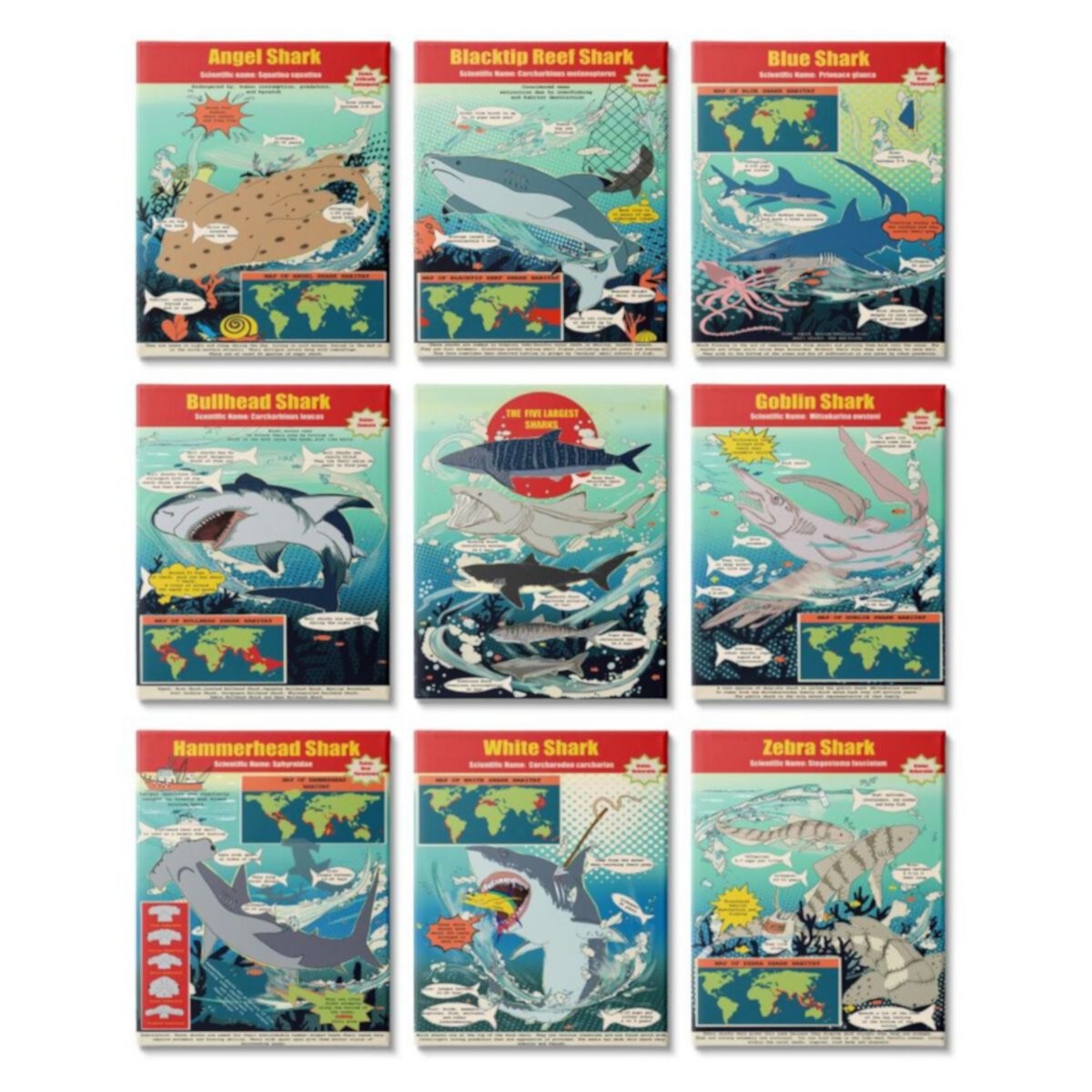 Stupell Home Decor Shark Facts Холст Wall Art Набор из 9 предметов Stupell Home Decor