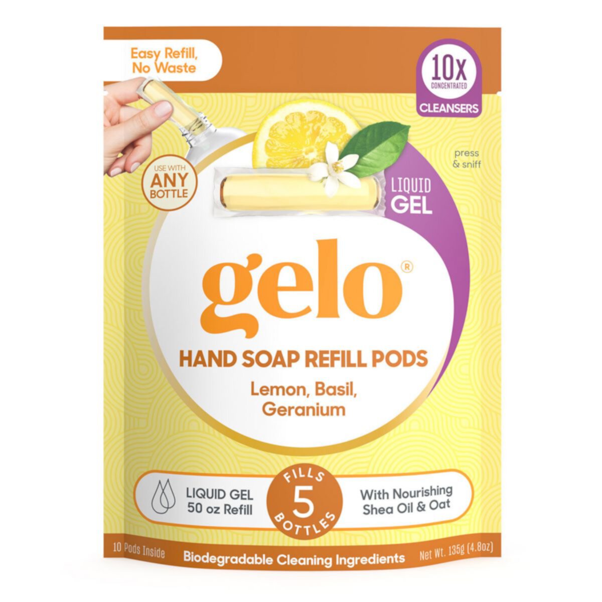 Gelo Liquid Gel в сменных капсулах для мыла для рук — лимон, базилик, герань, 50 жидких унций Gelo