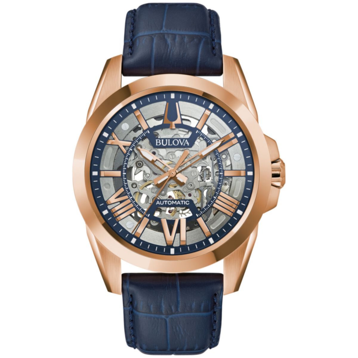 Мужские часы Bulova с синим кожаным ремешком и автоматическими часами со скелетом - 97A161 Bulova