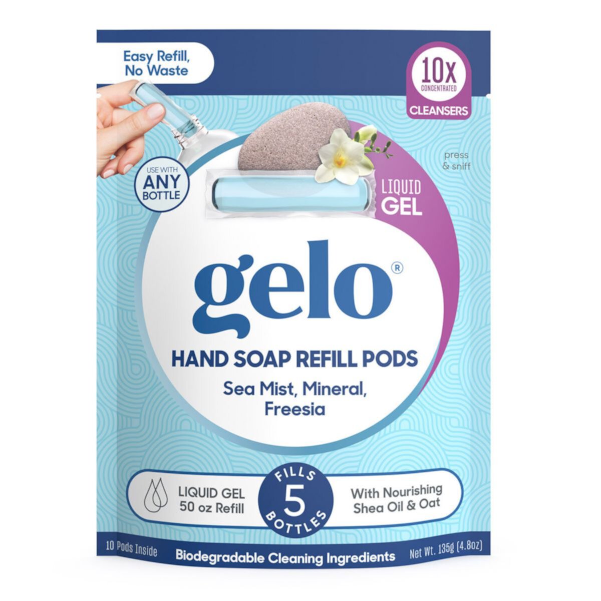 Жидкое гелевое мыло для рук Gelo Refill Pods - Морской туман, минерал, фрезия, 50 жидких унций Gelo
