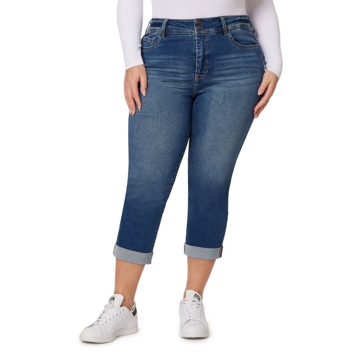 Мягкие ультраукороченные джинсы больших размеров WallFlower Insta для подростков с двойной подвернутой манжетой WallFlower