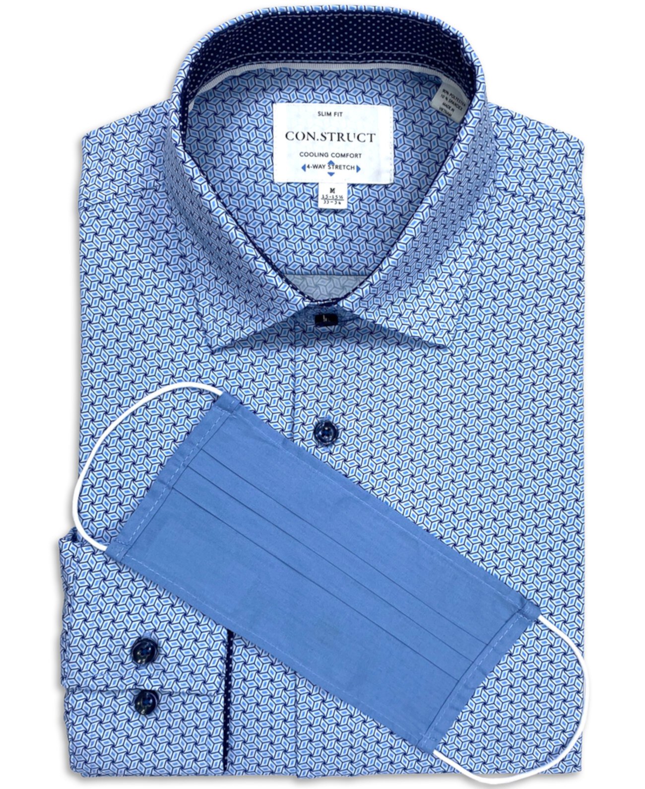 Мужская приталенная классическая рубашка Con.Struct с эластичным переплетенным узором и геометрическим принтом, созданная для Macy's «БЕСПЛАТНАЯ маска для лица, пока есть запасы». CONSTRUCT