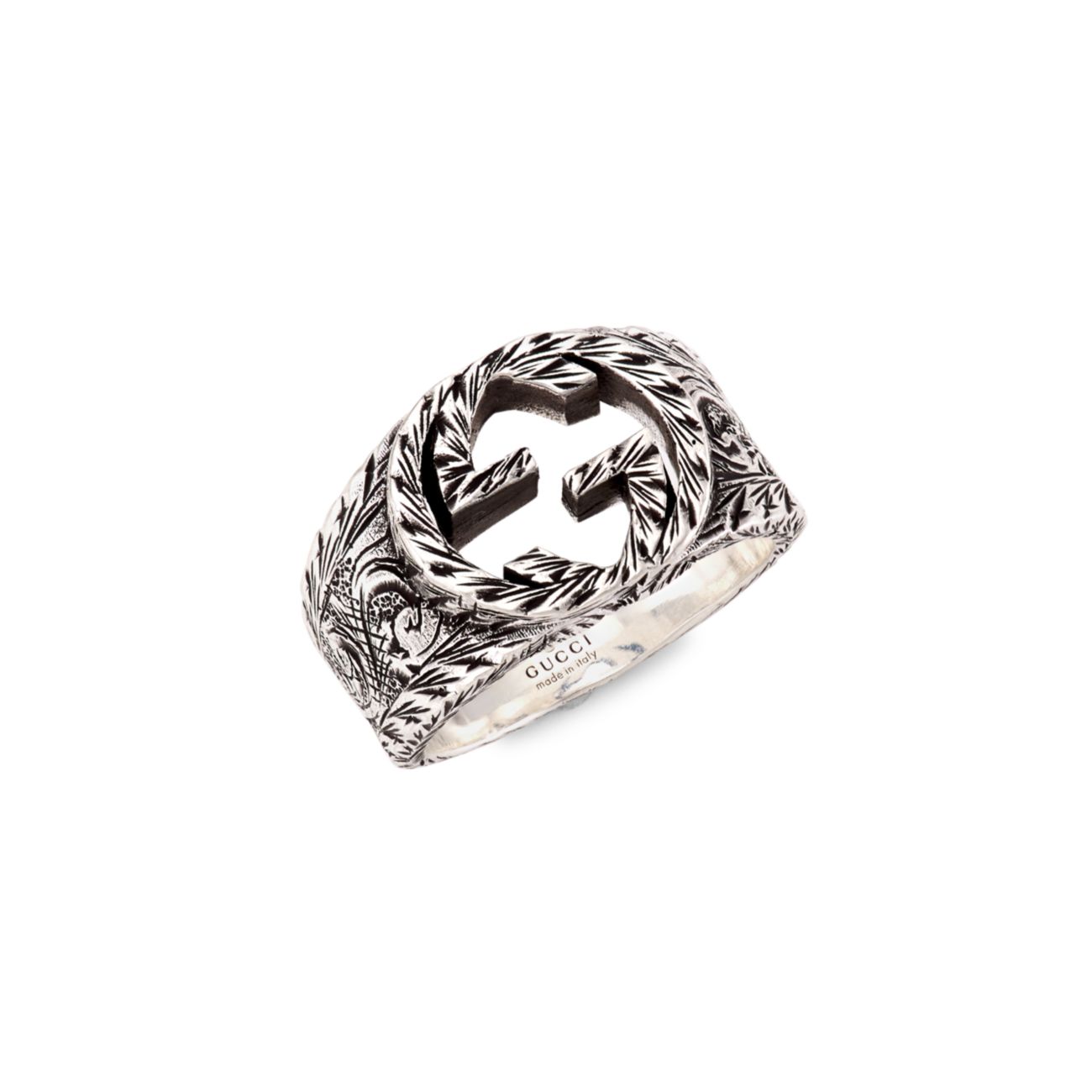 Серебряное кольцо с переплетенными буквами G и деталями пейсли GUCCI