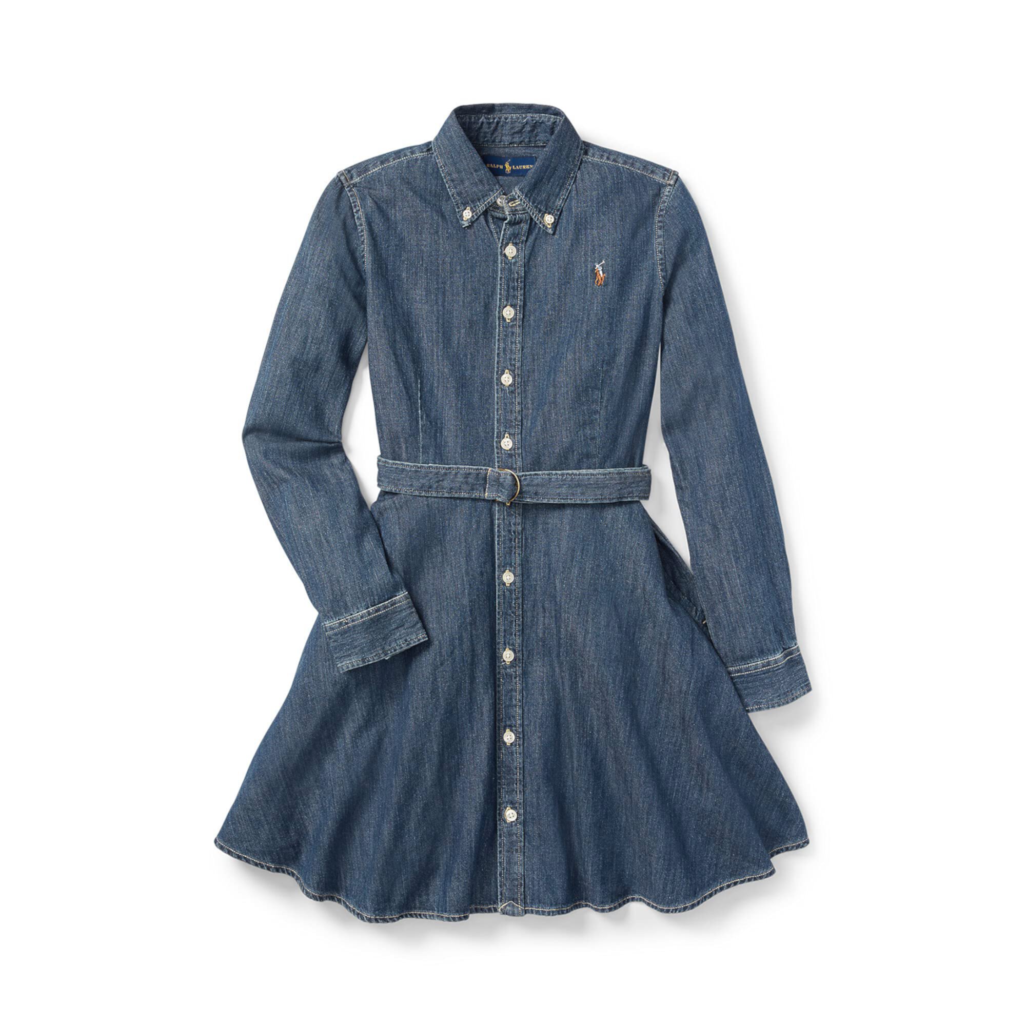 Платье-рубашка из хлопкового денима с поясом (для больших детей) Polo Ralph Lauren