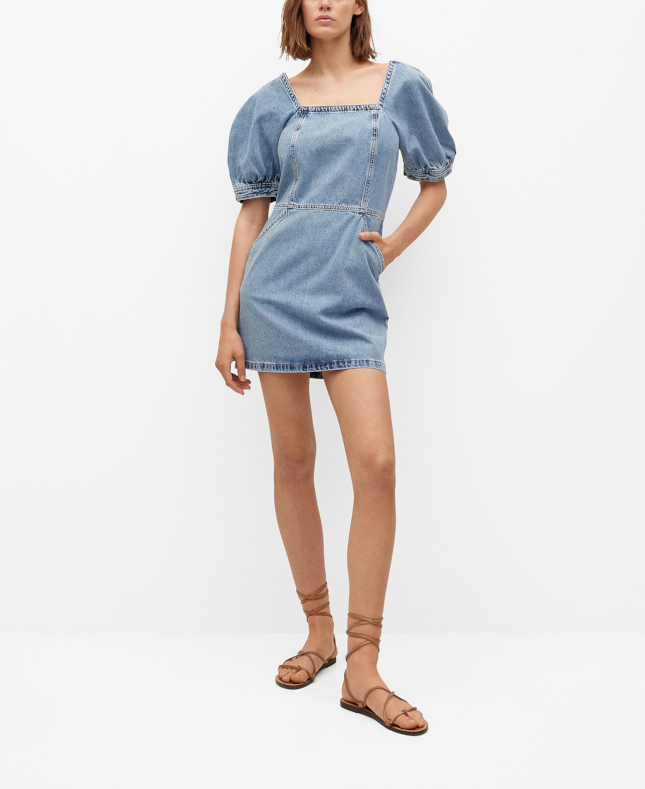 Denim <b>Dress</b> with Puffed Sleeves <b>MANGO</b>.