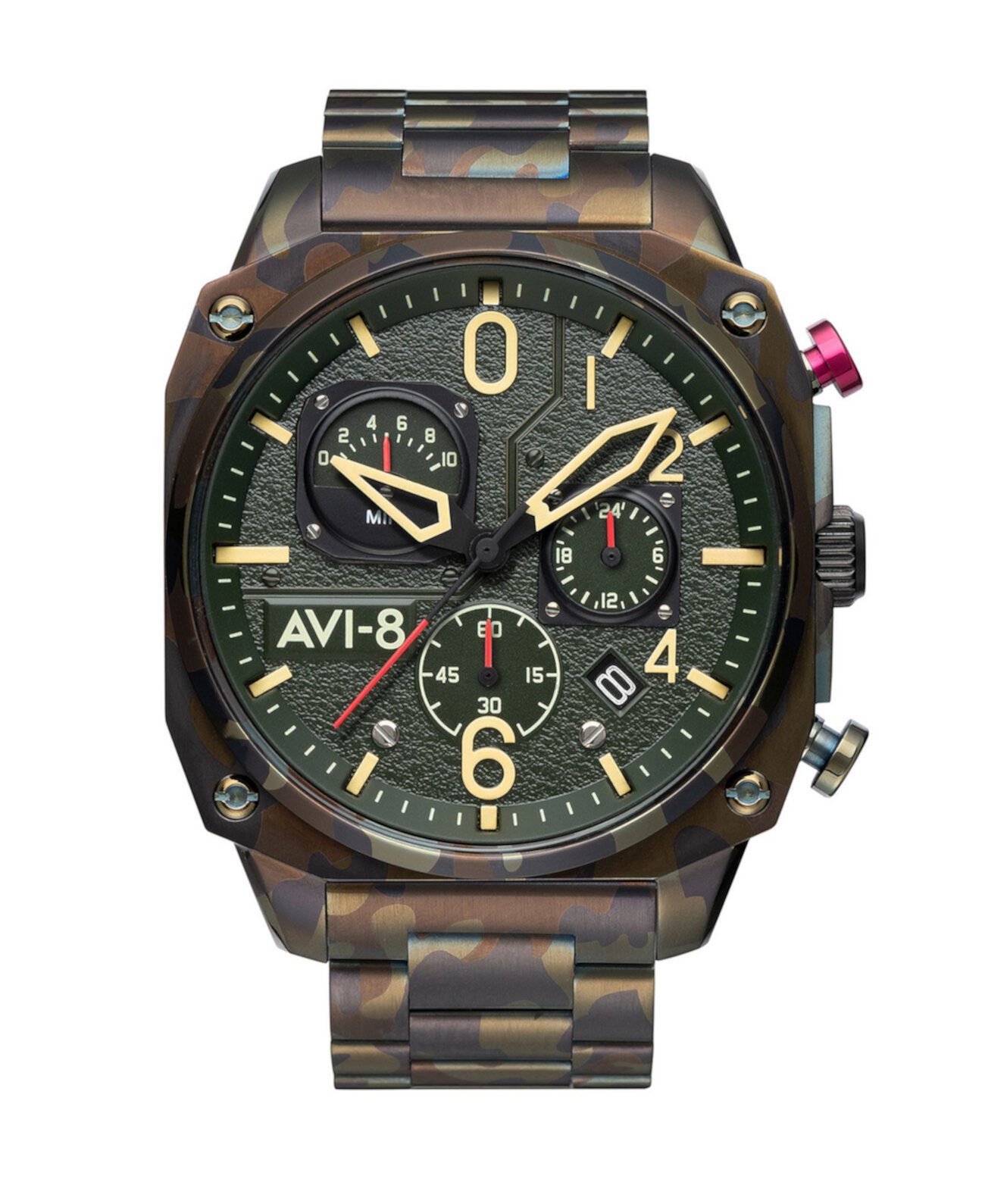 Мужские часы Hawker Hunter Retrograde с хронографом в камуфляжном цвете с твердым браслетом из нержавеющей стали зеленого тона, 45 мм AVI-8