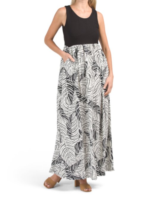 Sleeveless Solid Bodice Tiger Tropic Skirt Maxi Dress Nicole Miller New York