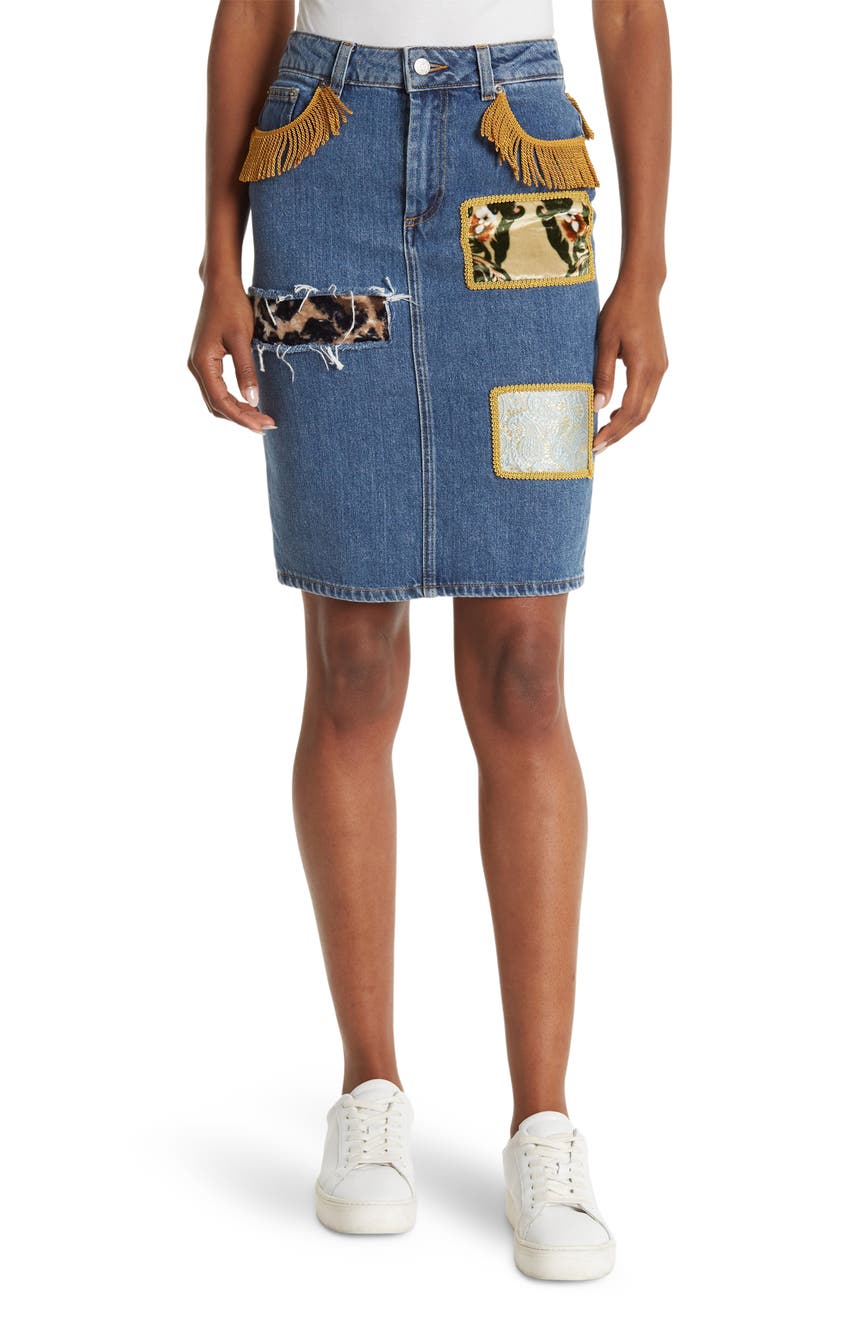 Джинсовая юбка с заплатками и бахромой Jeremy Scott