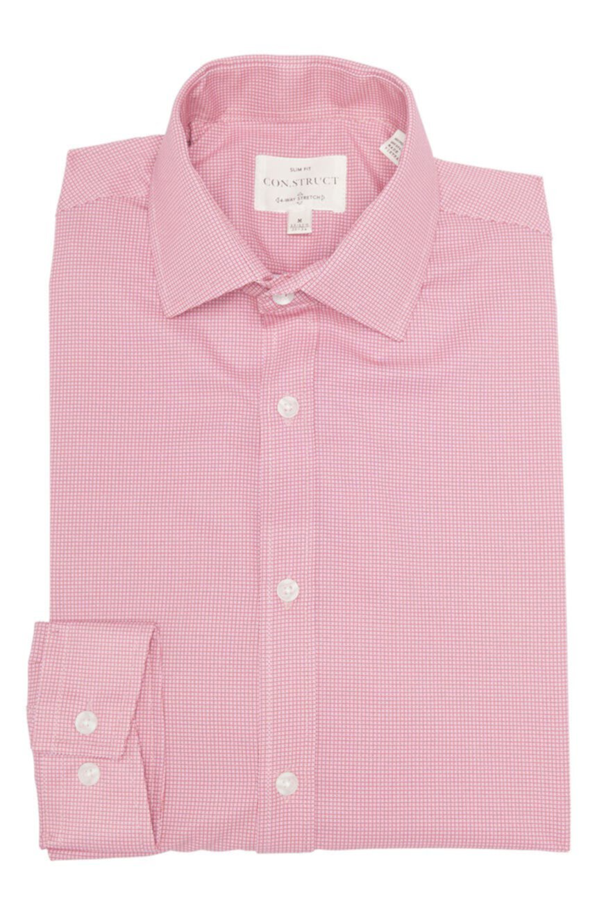 Розовая приталенная классическая рубашка с крестиком и геометрическим рисунком без морщин стрейч CONSTRUCT