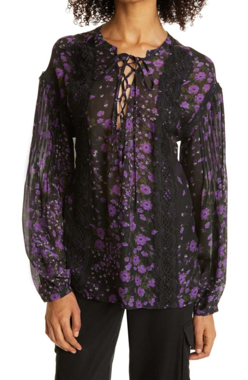 Шелковая блуза с цветочным принтом на шнуровке Haute Hippie