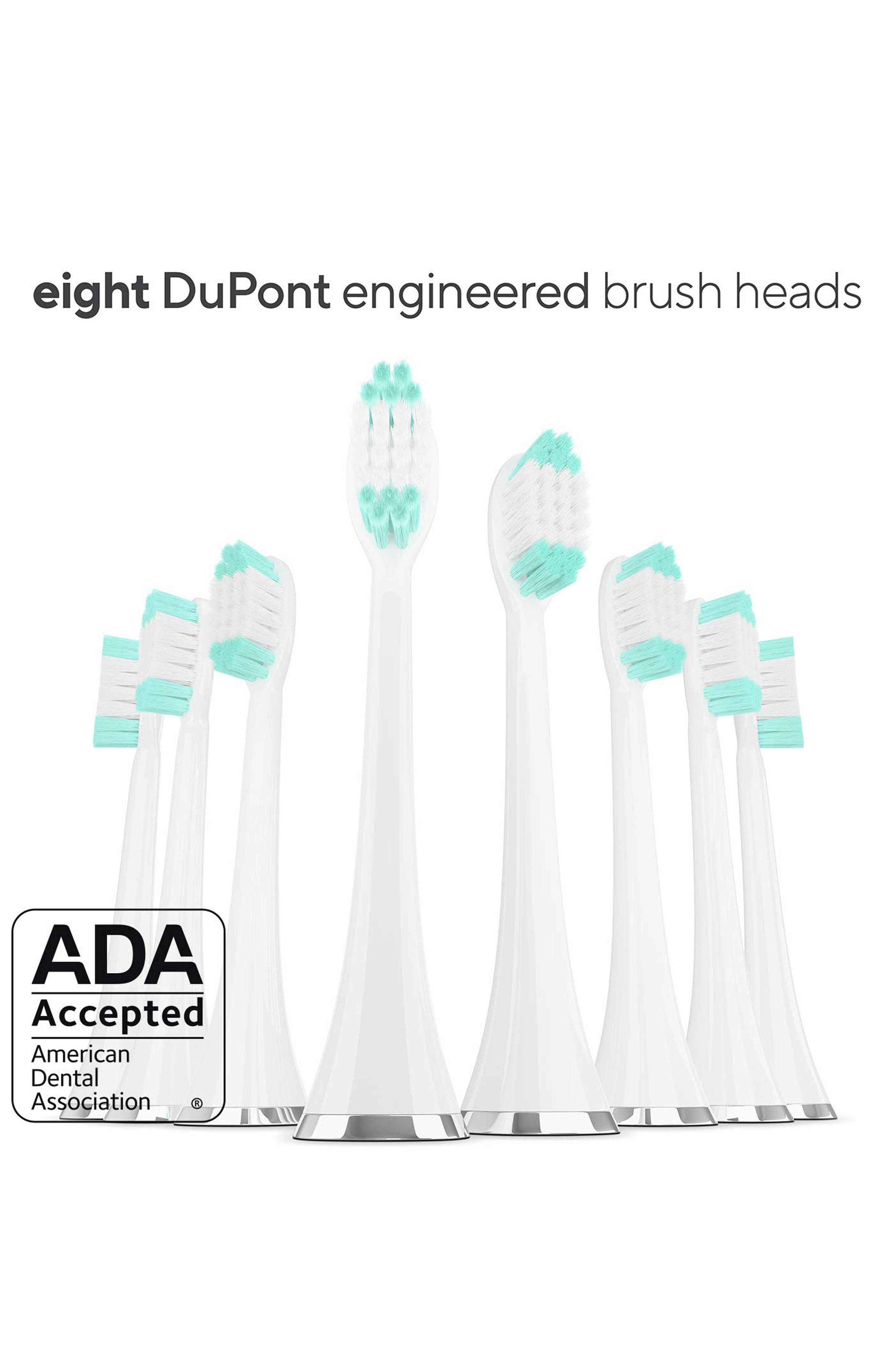 Белая ультразвуковая отбеливающая зубная щетка серии VIBE с 8 насадками DuPont и дорожным футляром AQUASONIC