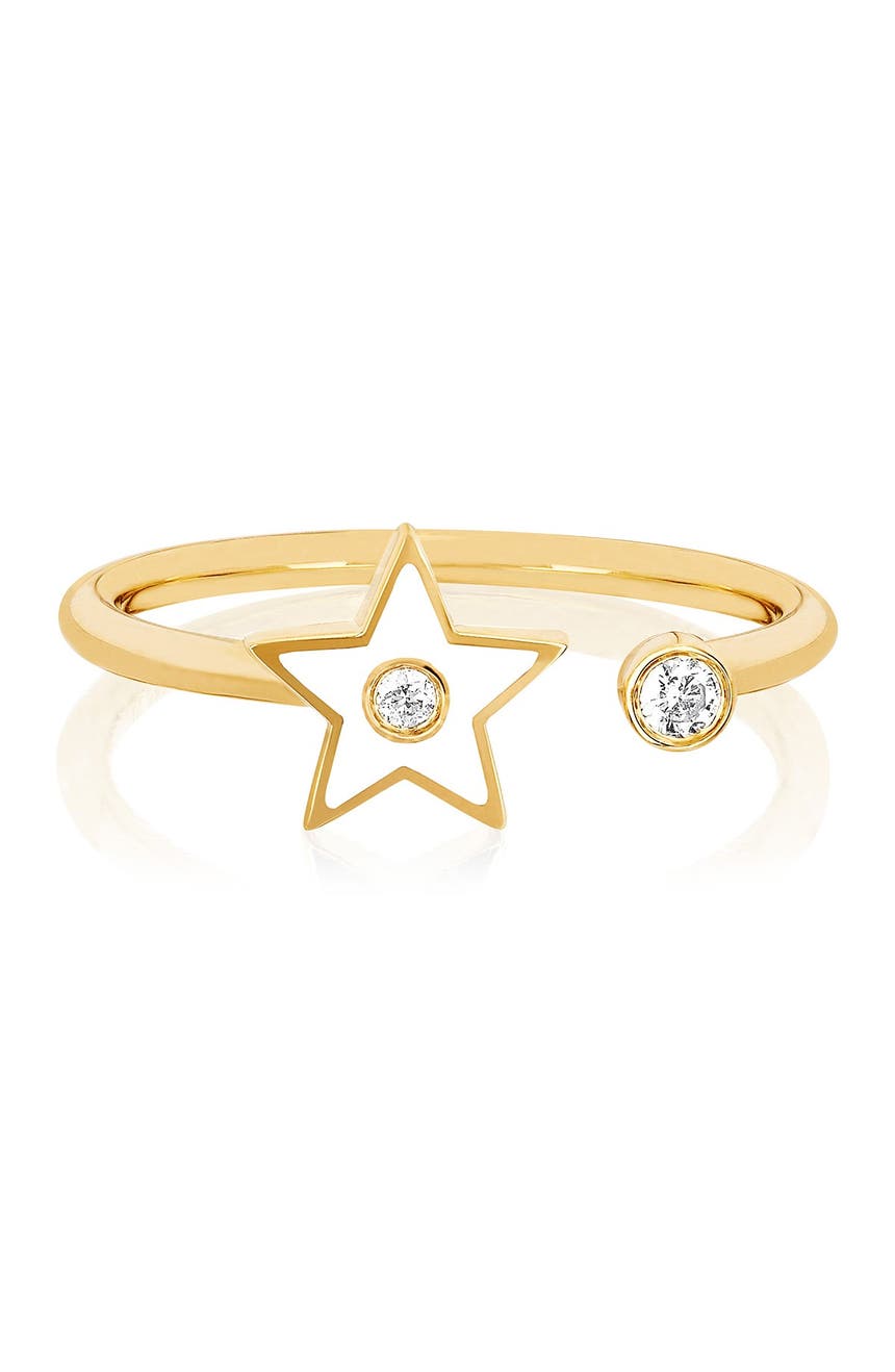 Открытое кольцо со звездой из желтого золота 585 пробы с белой эмалью и бриллиантом - размер 6 - 0,06 карат EF Collection