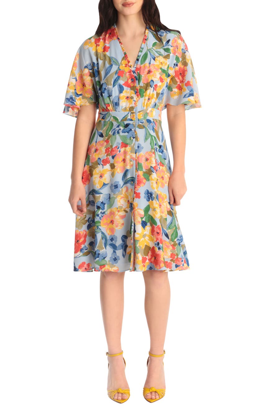 Dolman Sleeve Floral Print Dress Maggy London