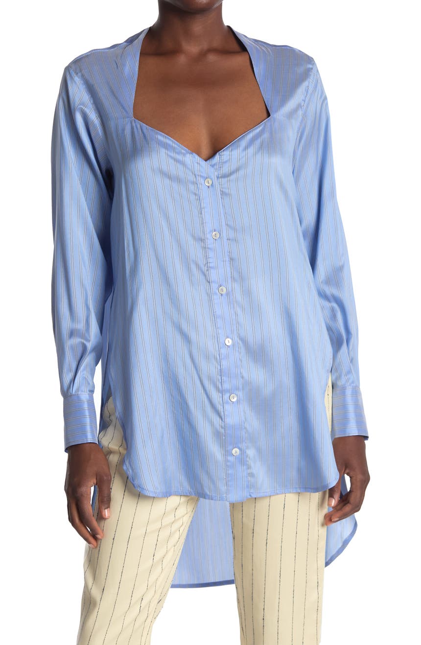 Полосатая атласная блузка с высоким / низким подолом UNRAVEL PROJECT