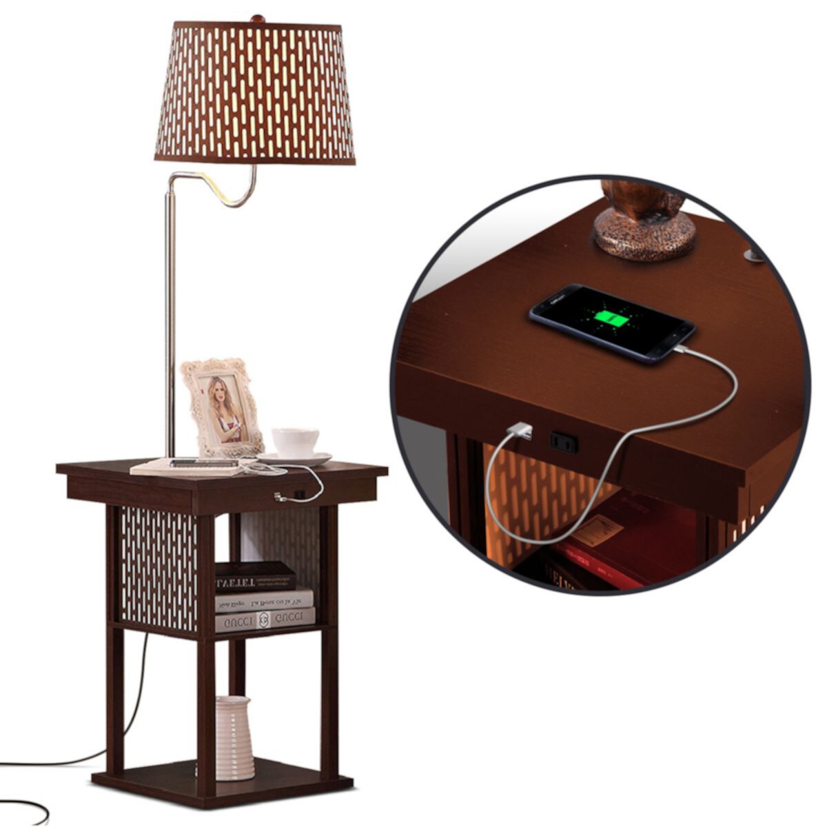 Комбинированный стол Brightech Madison со светодиодной лампой с USB-портом и розеткой — коричневый с коричневым абажуром Brightech
