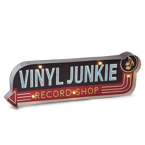 Металлическая светящаяся вывеска 'Vinyl Junkie', 56 см x 5 см x 18 см, для настенного крепления Bey-Berk