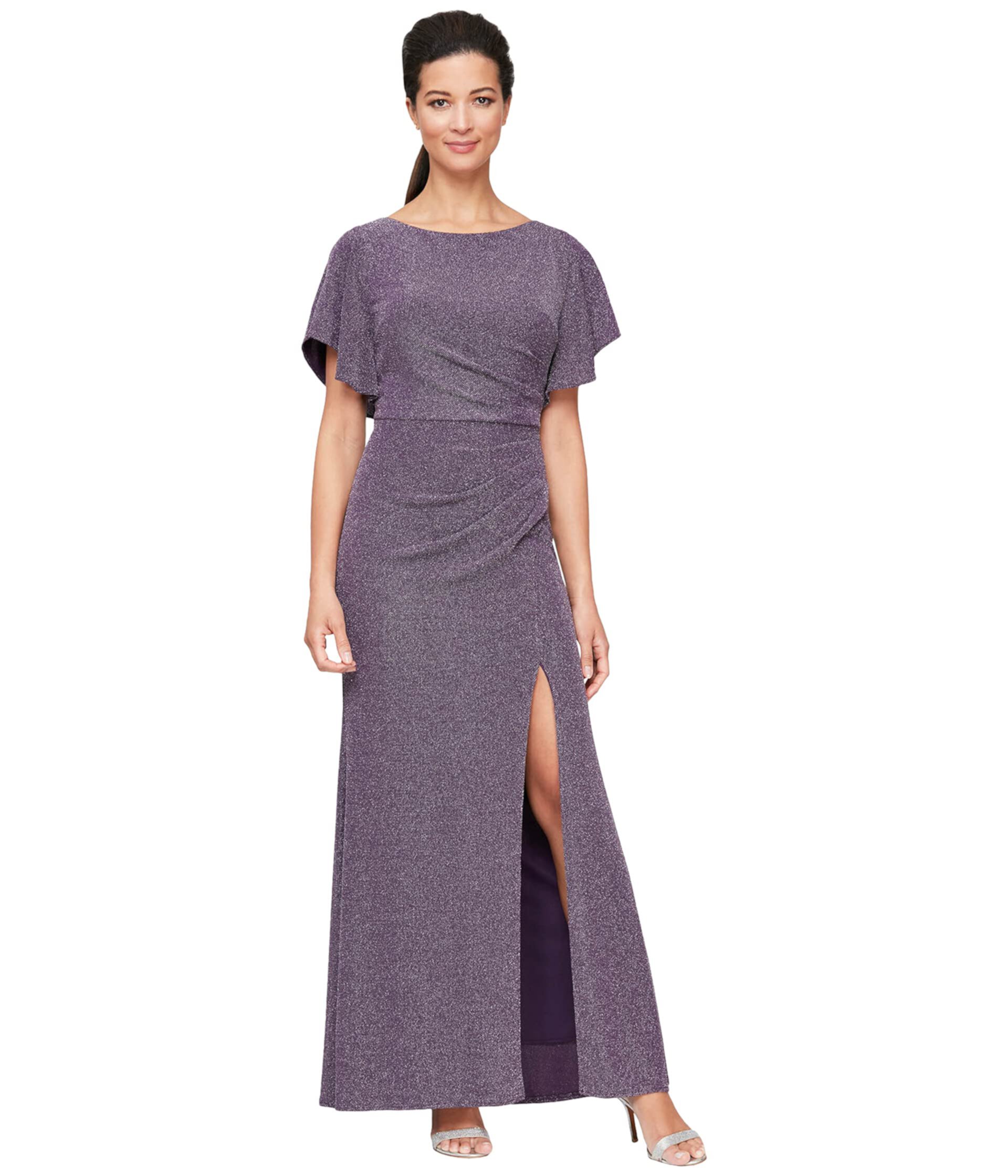 Long Flutter Sleeve Dress with Ruche Waist Detail and Front Slit Alex Evenings