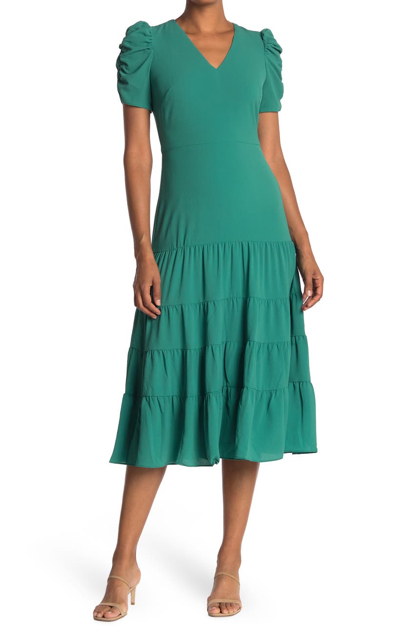 Tiered Ruched Sleeve Midi Dress Maggy London