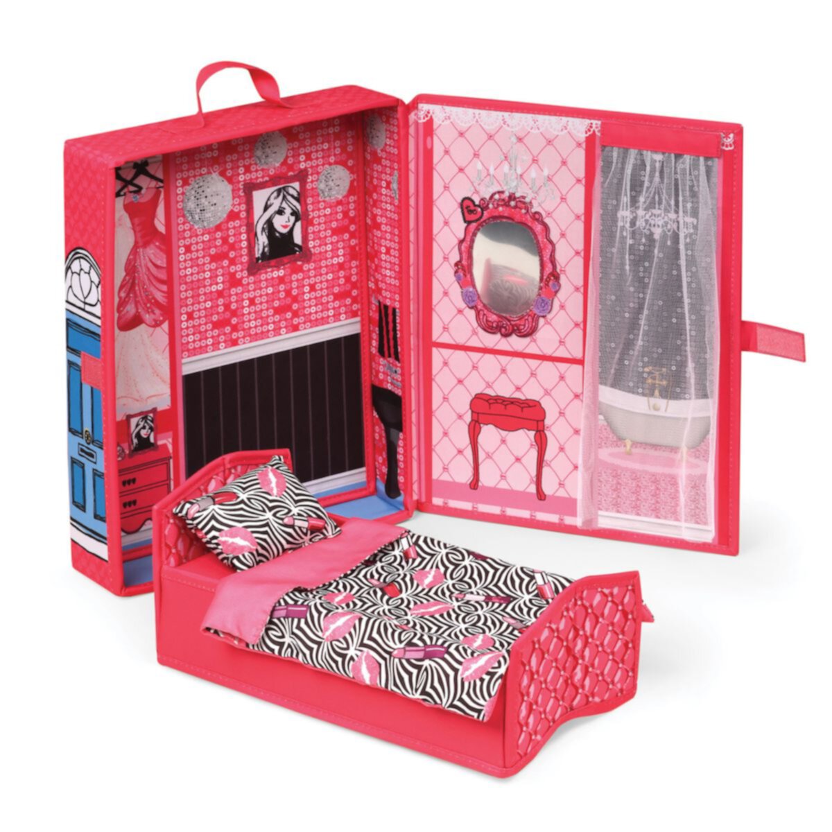 Кукольный домик Badger Basket Home & Go Кейс для путешествий и хранения с кроватью / постельным бельем для модных кукол 12 дюймов Badger Basket