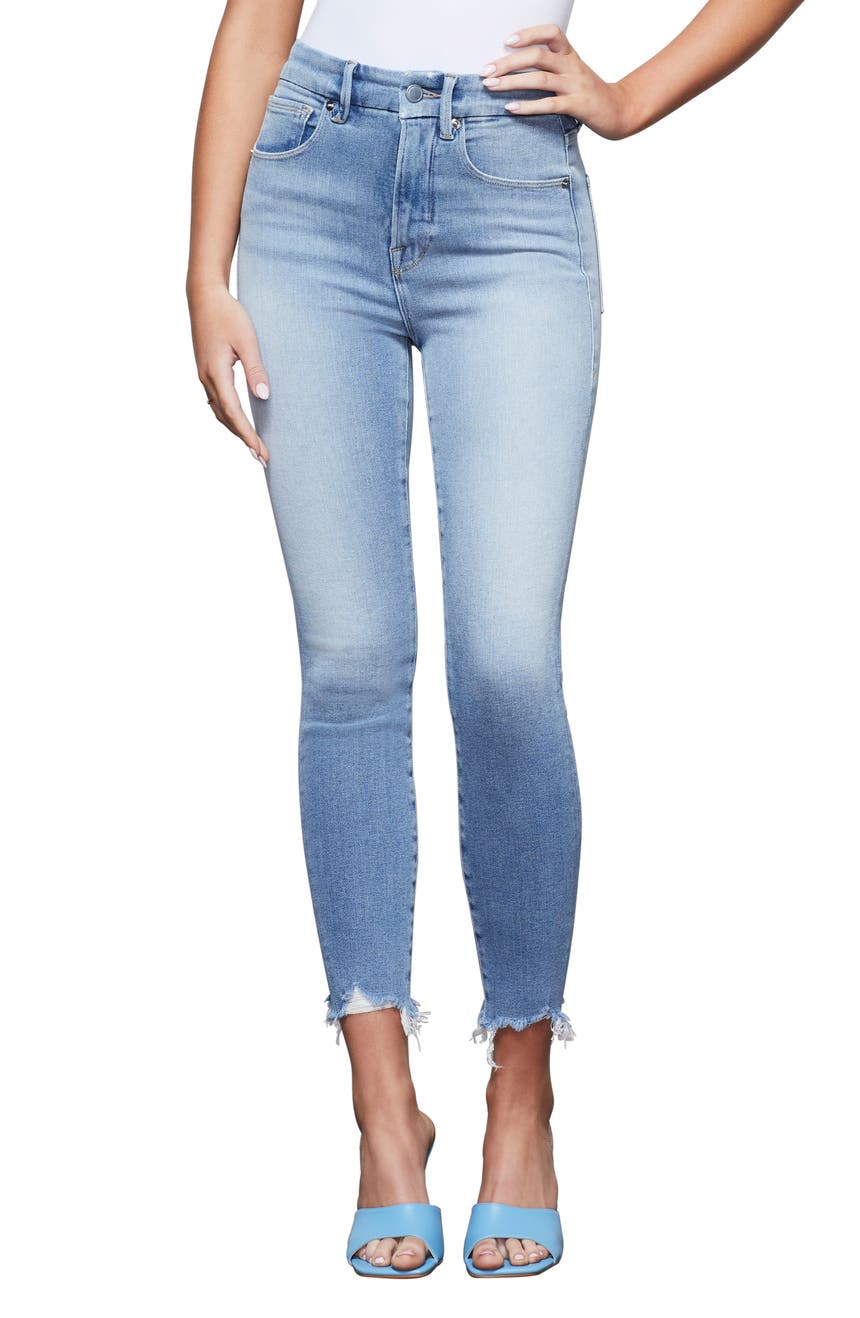 Укороченные джинсы скинни с жеванным краем Good Curve Good American