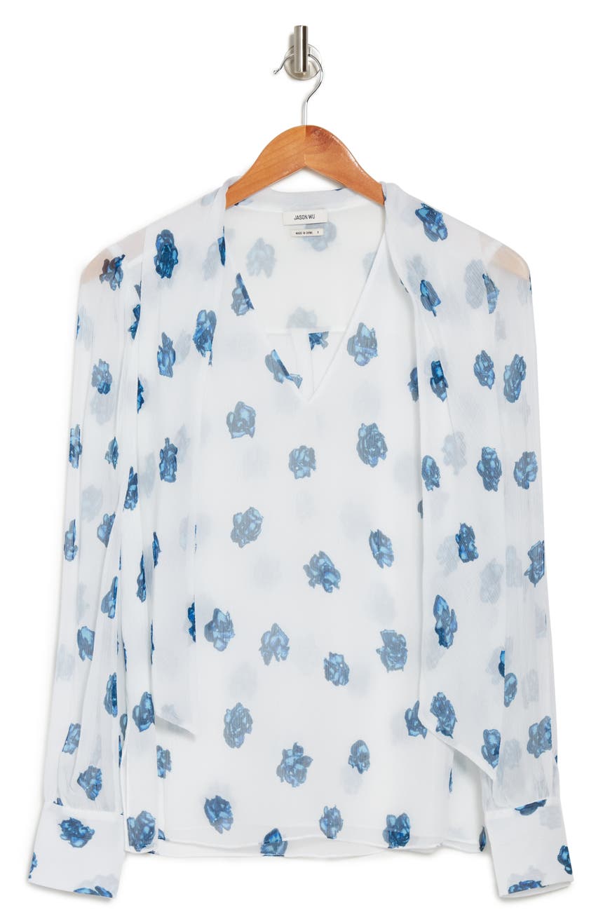 Шелковая блузка с длинным рукавом и V-образным вырезом с цветочным принтом Jason Wu