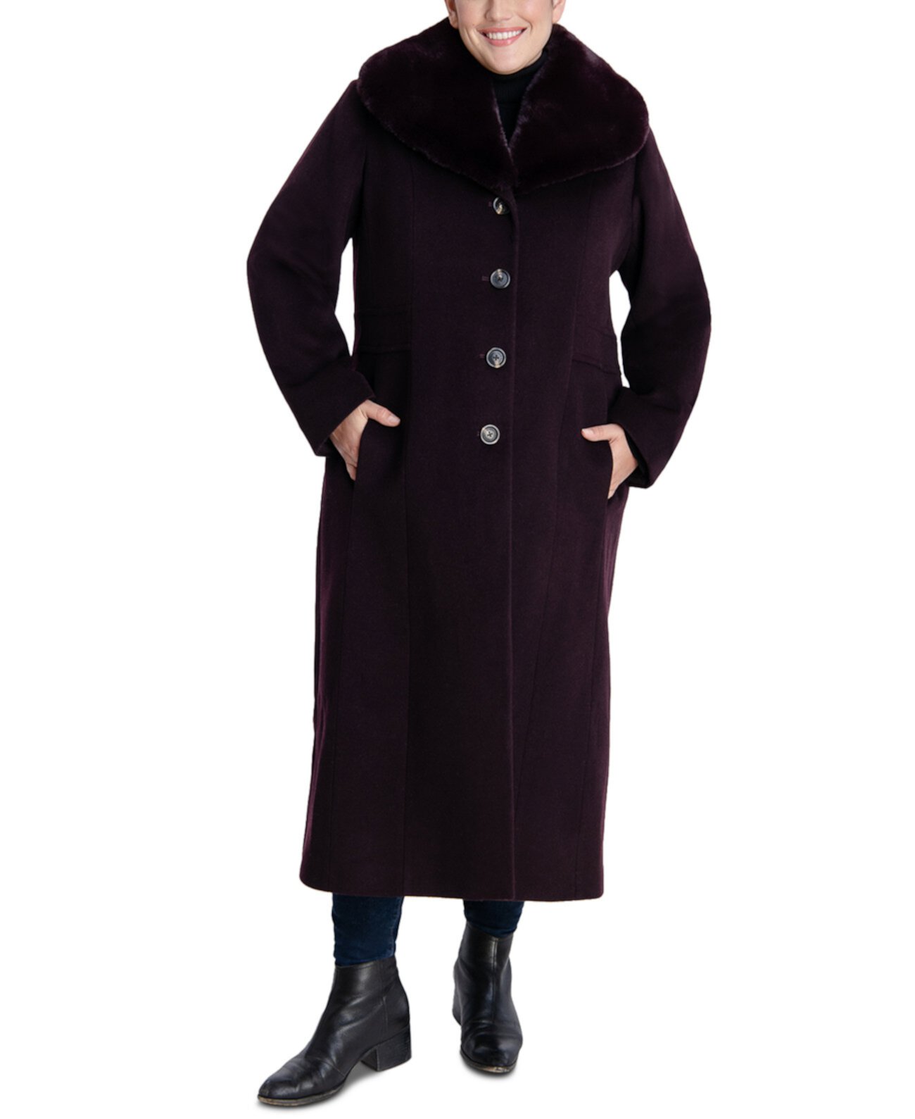 Макси-пальто больших размеров с воротником из искусственного меха Anne Klein