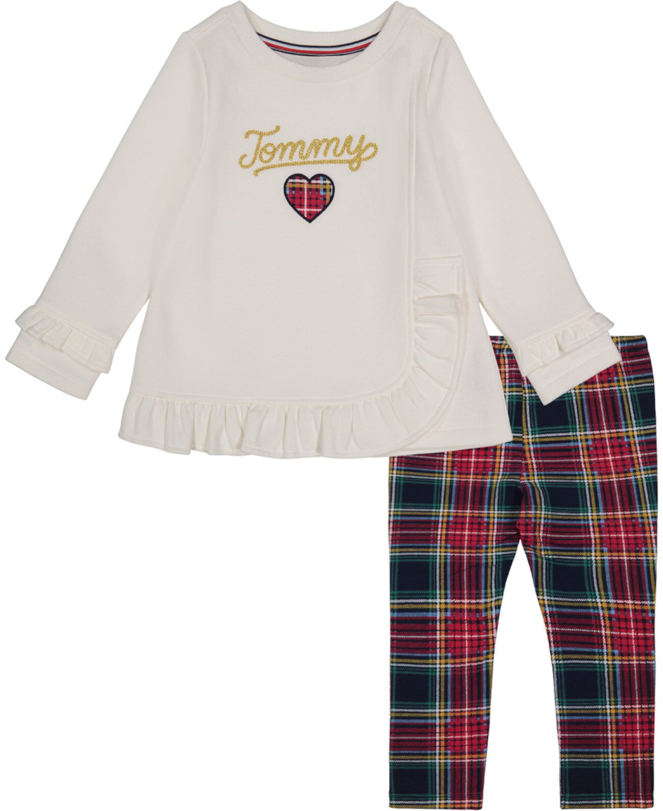 Туника из 2 предметов с оборками и логотипом для маленьких девочек, комплект леггинсов в клетку Tommy Hilfiger