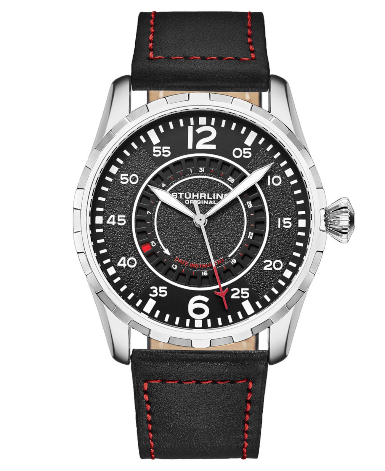 Мужские кварцевые черные часы из натуральной кожи с красным ремешком с контрастной строчкой 44 мм Stuhrling