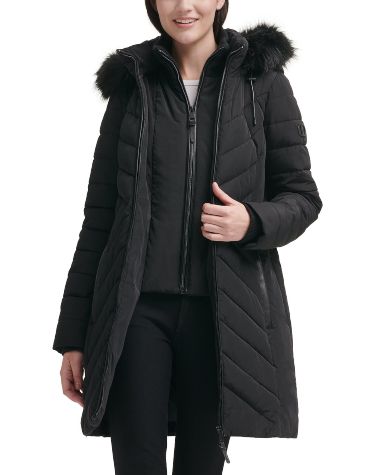 Женское пуховое пальто с капюшоном и отделкой из искусственного меха DKNY