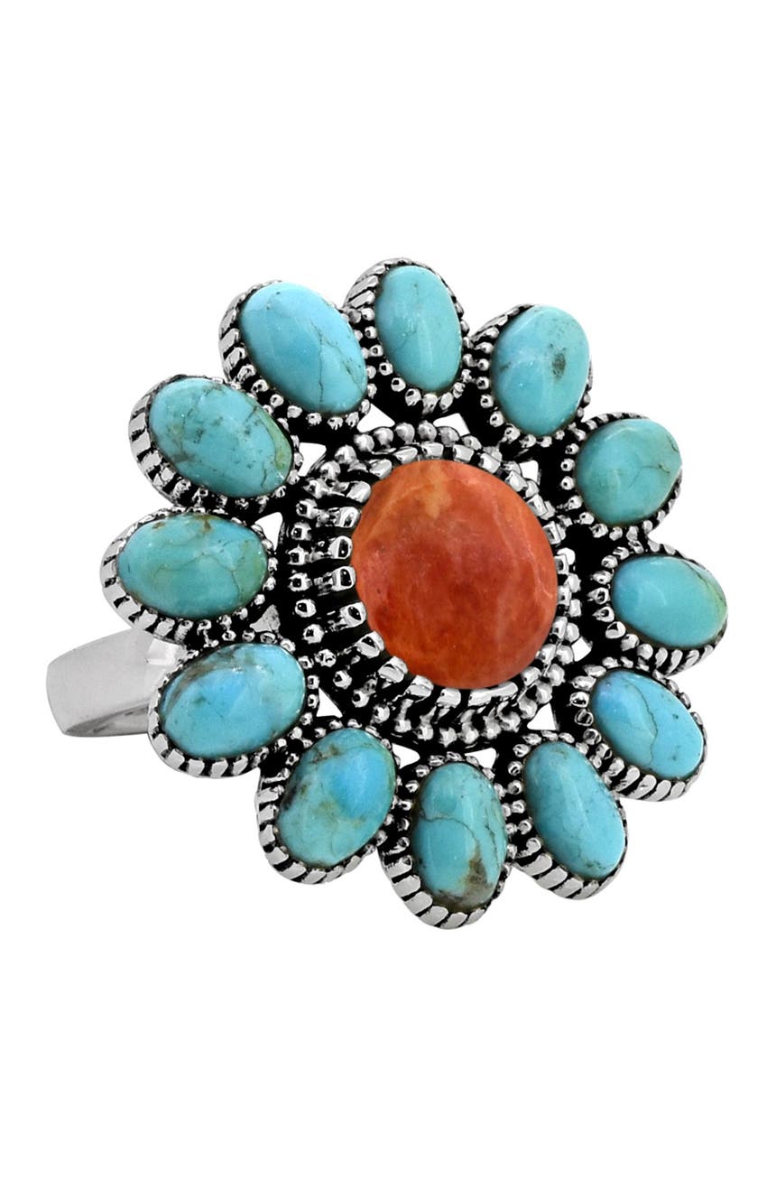 Кольцо Mohave из стерлингового серебра с бирюзой и коралловым цветком Nitya