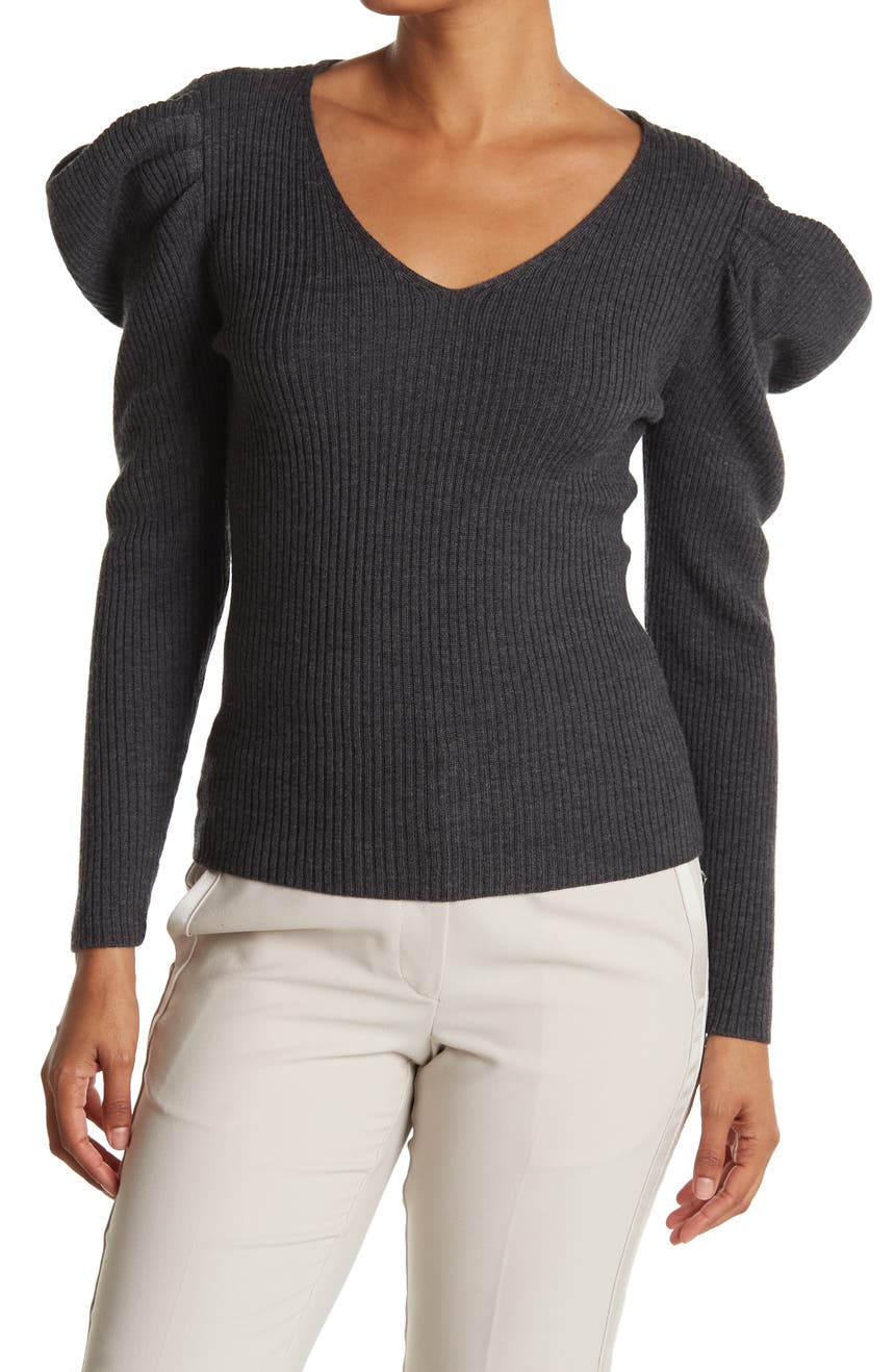Шерстяной свитер Isabella с объемными плечами в рубчик MILLY