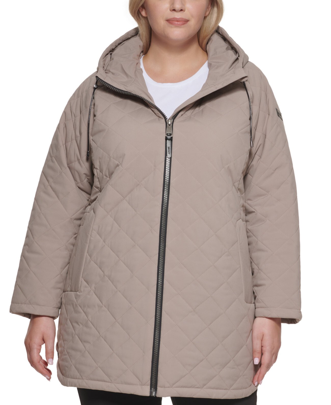 Стеганое пальто большого размера с капюшоном и отделкой из искусственной кожи большого размера DKNY