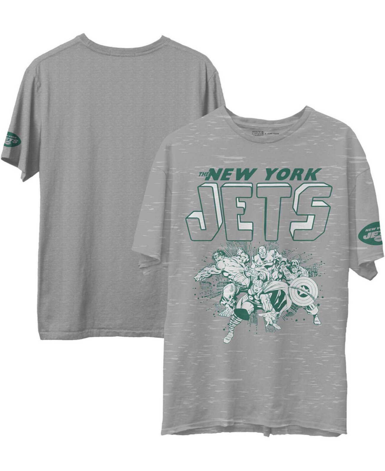 Серая мужская футболка New York Jets Marvel с эффектом посеребрения Junk Food