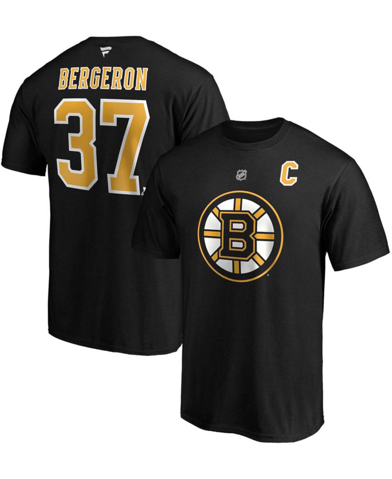 Мужская черная футболка Boston Bruins Captain Patch с аутентичным названием и номером от Patrice Bergeron Fanatics