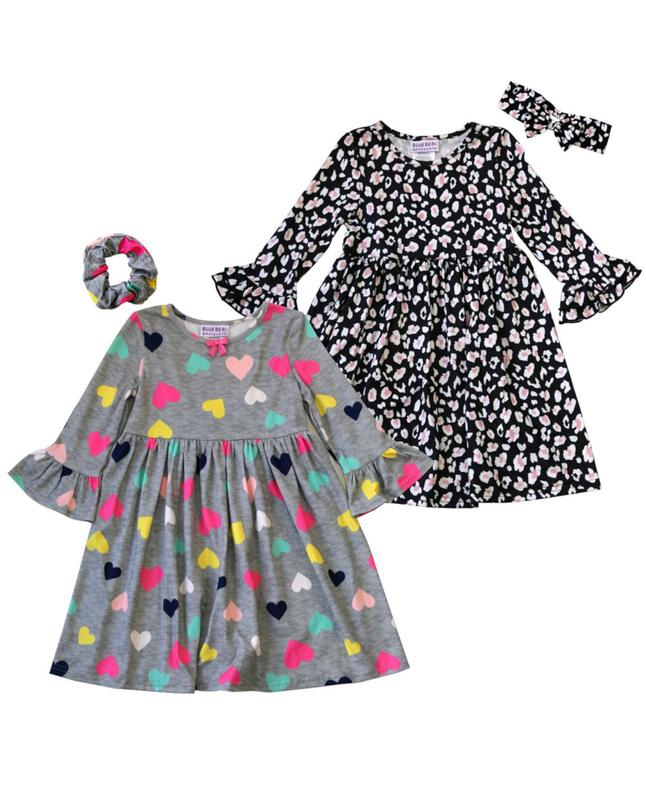 Платья в форме сердца с оборками и цветочным рисунком для маленьких девочек с аксессуарами для волос, набор из 4 предметов Blueberi Boulevard