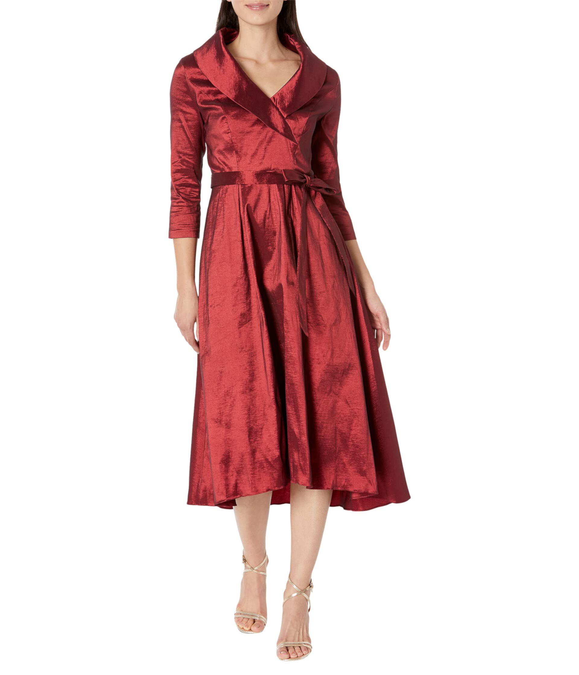 Платье с рукавами 3/4 и воротником-стойкой с пышной юбкой, карманами и поясом с завязками Alex Evenings