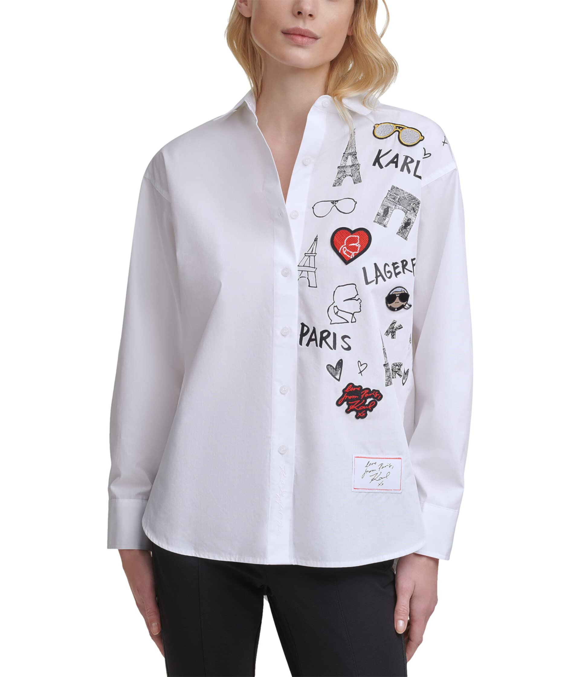Белая рубашка с живописным логотипом Karl Lagerfeld Paris